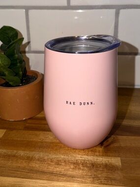 Rae Dunn “Rose’ All Day.” Blush Pink Stainless Tumbler with Clear Lid, 12 fl.oz.